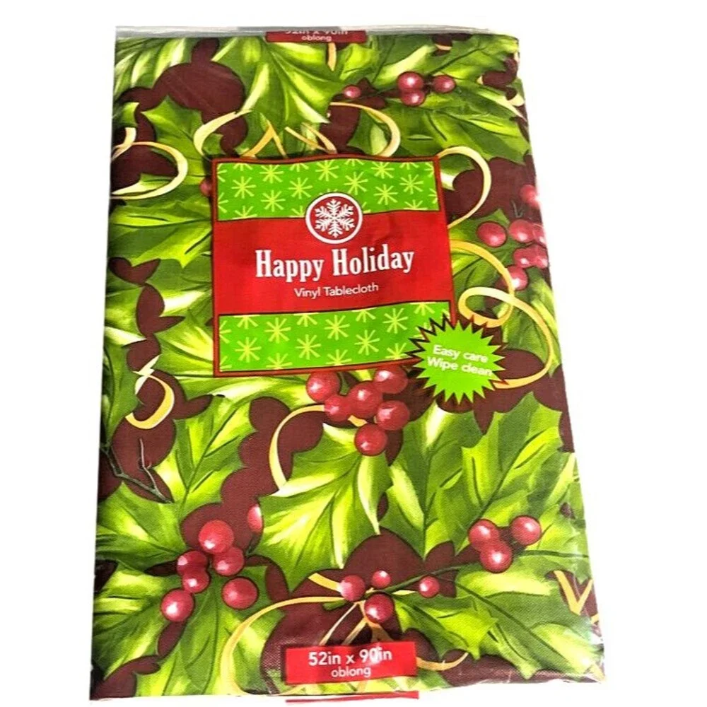 Christmas Holly and Berries Vinyl Tablecloth Flannel Backed Holiday 52x90
